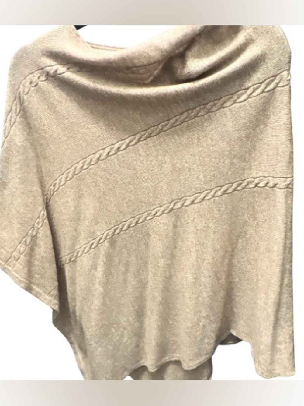 Cozy Cable-Trim Beige Poncho